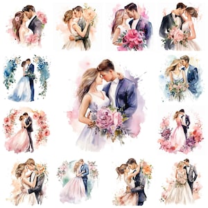 Paquete de 22 imágenes prediseñadas de boda PNG, acuarela, novia y novio, ceremonia romántica, arte JPG, descarga instantánea, ilustración, artesanía de papel, uso comercial