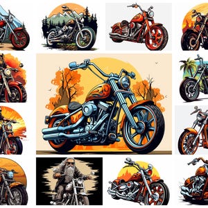 36 Vintage Chopper Bike PNG Clipart Bundle, Download istantaneo di arte motociclistica con cartoni animati ad acquerello, Illustrazione artigianale di carta, Uso commerciale