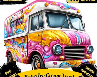Retro Ice Cream Truck PNG Printable Clipart, Watercolor Vintage Ice Cream Truck, Popsicle Kids Ice Cream Truck Illustration, Commercial Use