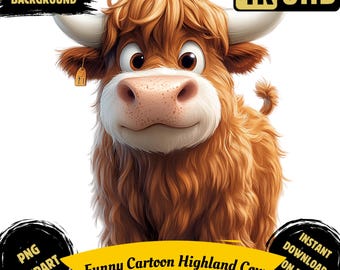 Funny Cartoon Highland Cow PNG Clipart, Watercolor Animal Illustration, Animated Highland Cow T-Shirt Mug Printable Art, Commercial Use