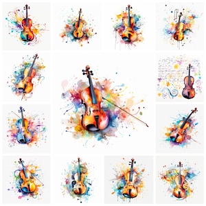 22 Geige Notationen JPG Clipart Bundle, Aquarell Abstrakte Geige Digitale Kunst Sofort-Download, Papier Handwerk Illustration, kommerzielle Nutzung