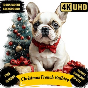 Boże Narodzenie Francuski Buldog Pies Rasa PNG Wydrukowalny Clipart, Akwarela Frenchie Portret Zwierzęcia Sublimacja, Świąteczny Frenchie Pies, Użytek Komercyjny