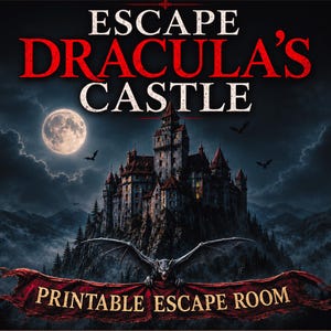 Può includere: Un grafico digitale con il testo ESCAPE DRACULA'S CASTLE in bianco e rosso, che mostra un castello scuro su una montagna sotto una luna piena. Un pipistrello è centrato sotto il castello e un banner rosso in basso riporta PRINTABLE ESCAPE ROOM.