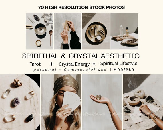Spiritual Stock Photos Bundle 70 Wellness Ritual Images Crystal Healing Tarot Aesthetic Neutral Lifestyle Branding Photos PLR MRR