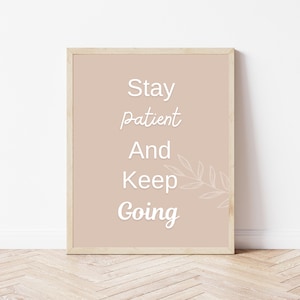 Puede incluir: Impresión enmarcada con las palabras "Stay patient And Keep Going" en escritura blanca sobre un fondo marrón claro. Un delicado diseño de hojas está en la esquina inferior derecha. El marco es de color madera clara.