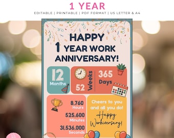 1 Year Work Anniversary Poster, Custom Employee Appreciation Gift, Digital Download for Work Milestone, Staff Recognition, Coworker Sign