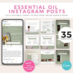 Könnte beinhalten: Ein digitales Produkt-Mockup mit Instagram-Posts zum Thema ätherische Öle. Das Design umfasst Vorlagen mit Text wie "Flash Sale" und "Benefits of Lavender Oil". Das Bild enthält auch den Text "35 Templates" und "Canva".