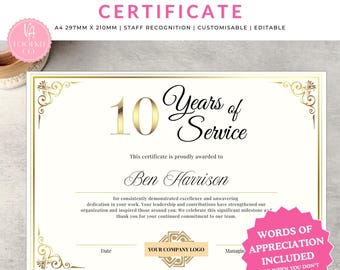 Certificado de premiação de 10 anos de serviço - Presente de agradecimento ao funcionário - Modelo editável - Corporativo - Reconhecimento do funcionário - Aniversário de trabalho