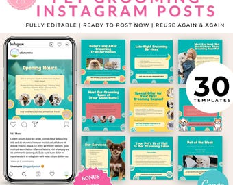 Dog Groomer Instagram Templates – Pet Salon Social Media (Canva Editable)