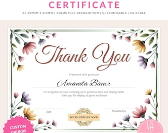 Volunteer Appreciation Certificate, Printable Award Template, Editable Recognition Gift Volunteers, Instant Download Editable, Wildflower