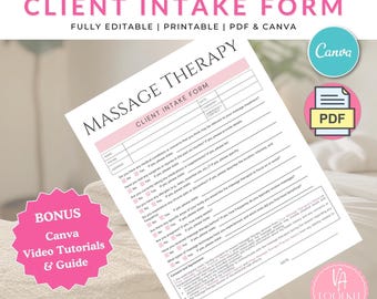 Massage Therapy Intake Form - Editable Client Consent - Instant Download - Professional Template - Digital Download - Client Intake