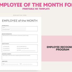 Può includere: Un modello di risorse umane stampabile intitolato "Modulo Dipendente del Mese". Il modulo include sezioni per i dettagli del candidato, il motivo della nomina, la categoria del premio e i commenti. Il design presenta testo e accenti rosa.