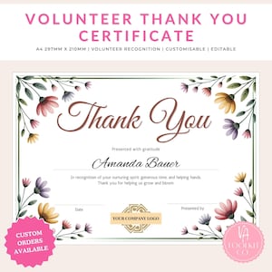 Volunteer Appreciation Certificate, Printable Award Template, Editable Recognition Gift Volunteers, Instant Download Editable, Wildflower