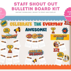Employee Shout Out Board, Printable Staff Appreciation Kit, Recognition Bulletin for Office & Classroom Decor, Retro Pop, Kindness Culture