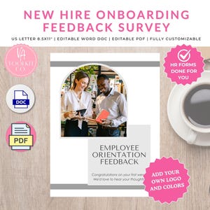 Plantilla de retroalimentación para la incorporación de nuevos empleados, lista de verificación de capacitación para empleados, formularios de RR. HH., programa de orientación, plan de bienvenida, editable, MS Word, PDF