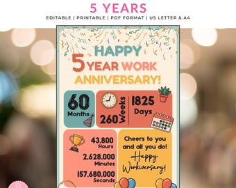 Pôster de 5º Aniversário de Trabalho, Presente Personalizado de Agradecimento ao Funcionário, Download Digital para Marco Profissional, Reconhecimento da Equipe, Placa para Colega de Trabalho