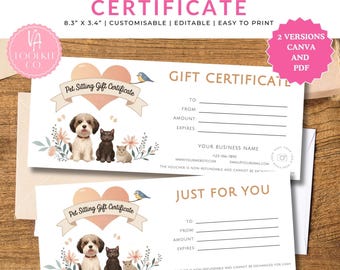 Vale-presente para Dog Sitting - Voucher personalizado para impressão para amantes de CÃES - Cupom editável - Vale-presente para Pet Sitting