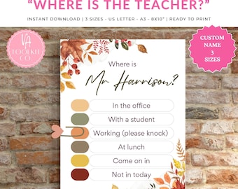 Letrero para puerta "¿Dónde está el director?", Decoración personalizada para la oficina escolar, Regalo personalizado para maestros, Placa con el nombre del administrador, Arte de pared para el aula, Otoño
