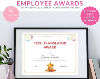 Certificado de Reconhecimento de Funcionários Divertido, Modelo Editável para Reconhecimento de Equipe, Presente de Humor para o Escritório, Modelo Imprimível para Colegas de Trabalho