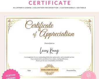 Volunteer Appreciation Certificate, Printable Award Template, Editable Recognition Gift Volunteers, Instant Download Editable, Unique Gift