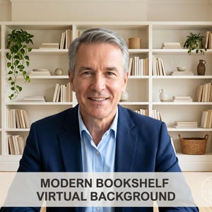 Puede incluir: Un fondo virtual digital que muestra una estantería blanca llena de libros, plantas en macetas y jarrones decorativos. El texto MODERN BOOKSHELF VIRTUAL BACKGROUND está centrado en la parte inferior, con un logo circular en la esquina inferior derecha.