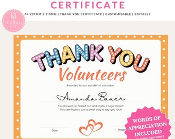 Volunteer Recognition Certificate, Printable Award Template, Editable appreciation Gift Volunteers, Instant Download Editable, Bright