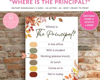 Letrero para puerta "¿Dónde está el director?", Decoración editable para la oficina escolar, Regalo personalizado para maestros, Placa con el nombre del administrador, Arte de pared para el aula, Otoño