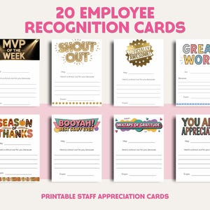 Könnte beinhalten: Ein Set von 20 Mitarbeiter-Anerkennungskarten mit Sätzen wie „MVP der Woche“ und „Tolle Arbeit“. Die weißen Karten zeigen farbenfrohe Texte und Grafiken, ideal für die Wertschätzung von Mitarbeitern.