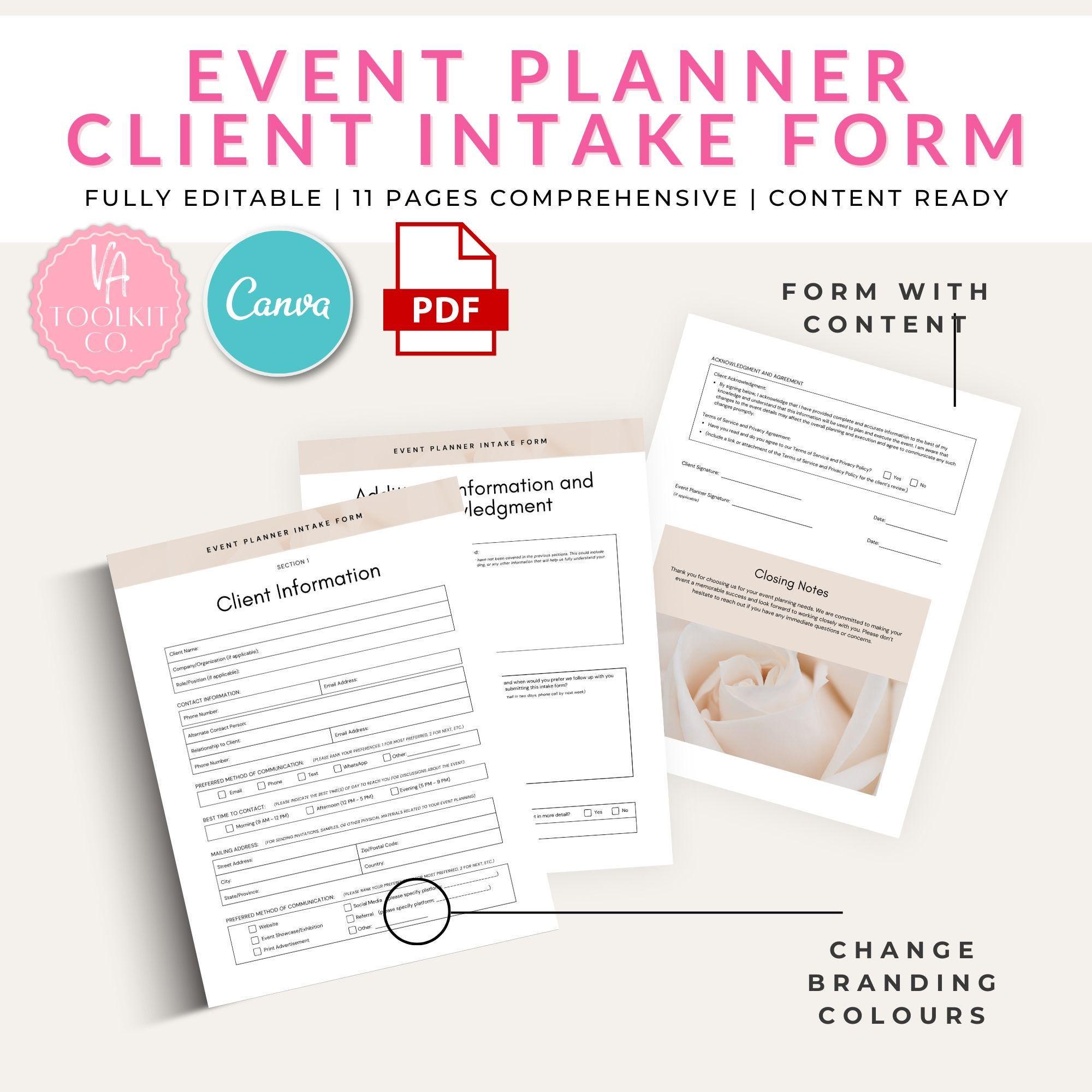 Event Intake Form Examples Event Planner Client Intake Form – Editable Service Agreement (canva ...