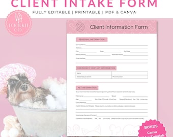 Pet Grooming Client Intake Form – Editable Dog & Cat Stylist Form (Canva / PDF)