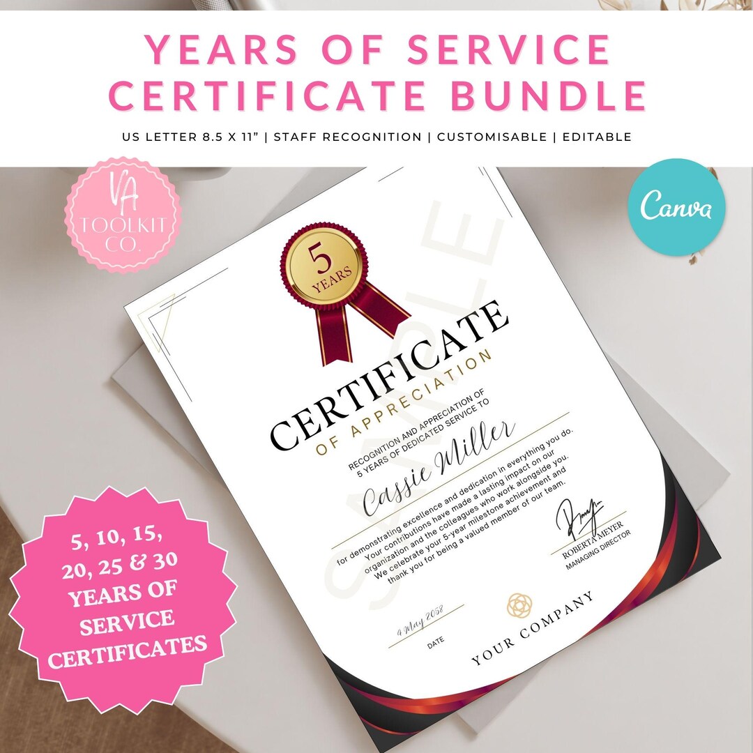 Editable 10 Years of Service Certificate - Employee Recognition Award ...