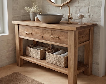 Tocador de baño rústico de madera maciza / Mueble de lavabo de granja hecho a mano