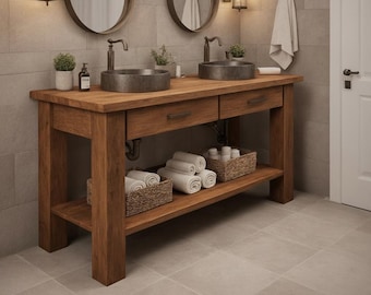 Rustic Solid Wood Bathroom Vanity | Handmade Farmhouse Sink Cabinet