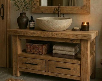 Rustic Solid Wood Bathroom Vanity | Handmade Farmhouse Sink Cabinet