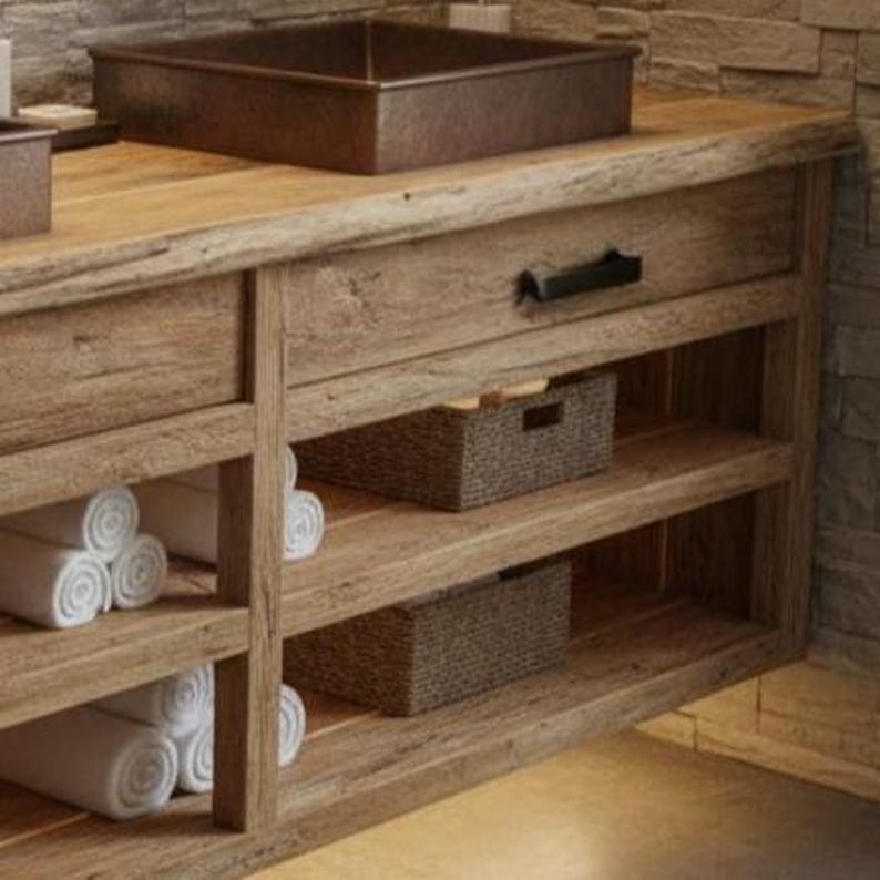 Rustic Solid Wood Floating Bathroom Vanity | Handmade Farmhouse Sink Cabinet