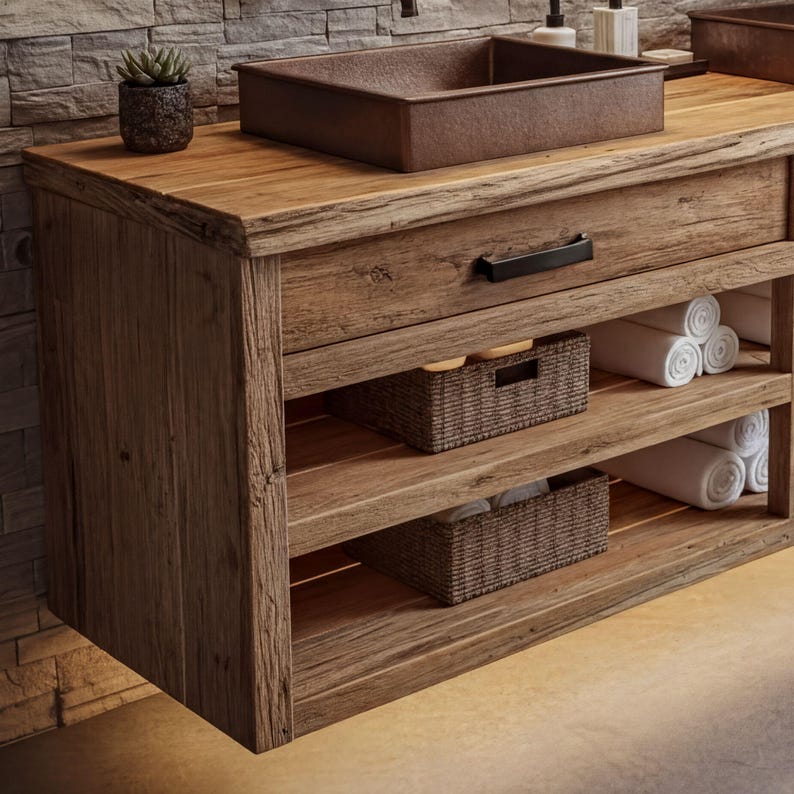 Rustic Solid Wood Floating Bathroom Vanity | Handmade Farmhouse Sink Cabinet