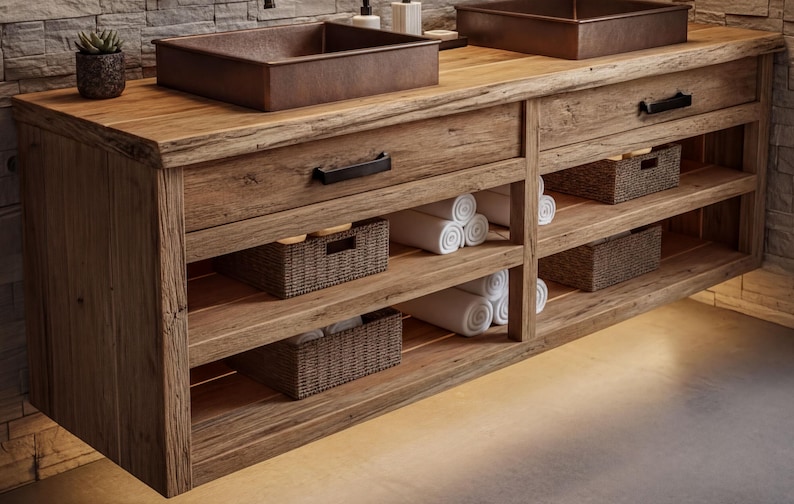 Rustic Solid Wood Floating Bathroom Vanity | Handmade Farmhouse Sink Cabinet
