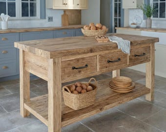 Rustic Solid Wood Kitchen Island | Handmade Farmhouse Work Table