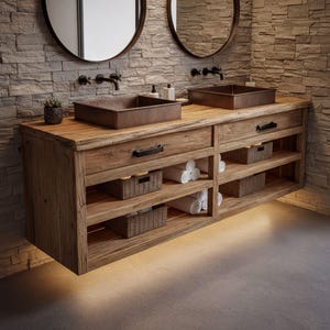 Rustic Solid Wood Floating Bathroom Vanity | Handmade Farmhouse Sink Cabinet