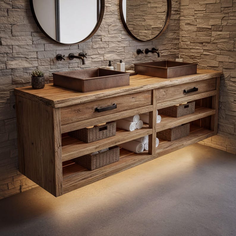 Rustic Solid Wood Floating Bathroom Vanity | Handmade Farmhouse Sink Cabinet