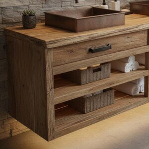 Rustic Solid Wood Floating Bathroom Vanity | Handmade Farmhouse Sink Cabinet
