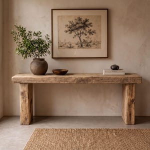May include: A long, rectangular wooden console table with a rough, natural texture. On top sits a dark ceramic vase with green foliage, a small wooden bowl, and two stacked books topped with a small, dark, round decorative object.