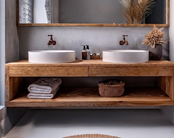 Rustic Solid Wood Floating Bathroom Vanity | Handmade Farmhouse Sink Cabinet