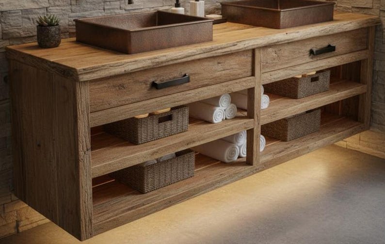Rustic Solid Wood Floating Bathroom Vanity | Handmade Farmhouse Sink Cabinet