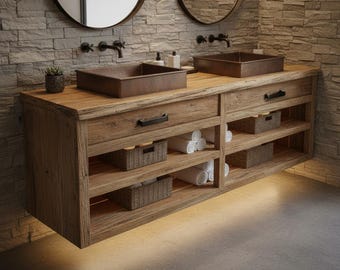 Rustic Solid Wood Floating Bathroom Vanity | Handmade Farmhouse Sink Cabinet