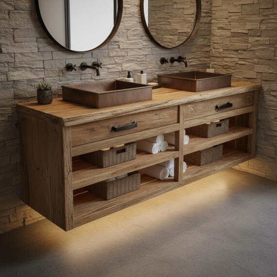 Rustic Solid Wood Floating Bathroom Vanity | Handmade Farmhouse Sink Cabinet