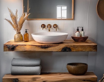 Rustic Solid Wood Floating Bathroom Vanity | Handmade Farmhouse Sink Cabinet