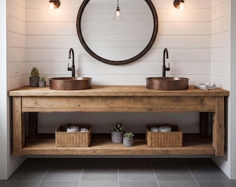 Rustic Solid Wood Floating Bathroom Vanity | Handmade Farmhouse Sink Cabinet