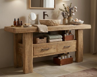Rustic Solid Wood Bathroom Vanity | Handmade Farmhouse Sink Cabinet