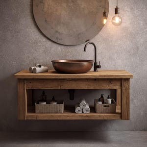 Rustic Solid Wood Floating Bathroom Vanity | Handmade Farmhouse Sink Cabinet